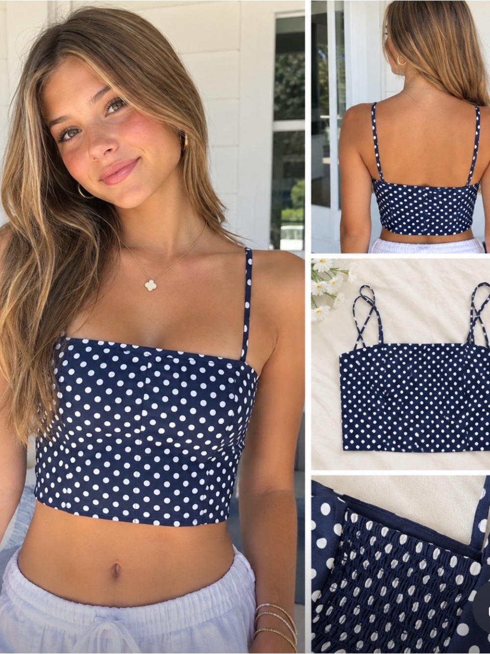 Madeline Navy White Polka Dot Crop Tank